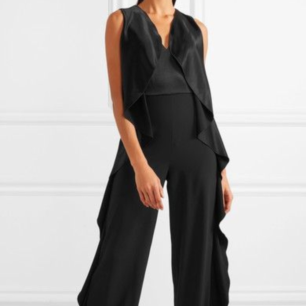 Alice + Olivia Sarandon Side-Ruffle SatinJumpsuit